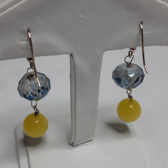 Sterling Silver 925 Stamped Yellow and Blue Glass Earrings - Picture 2 of 4